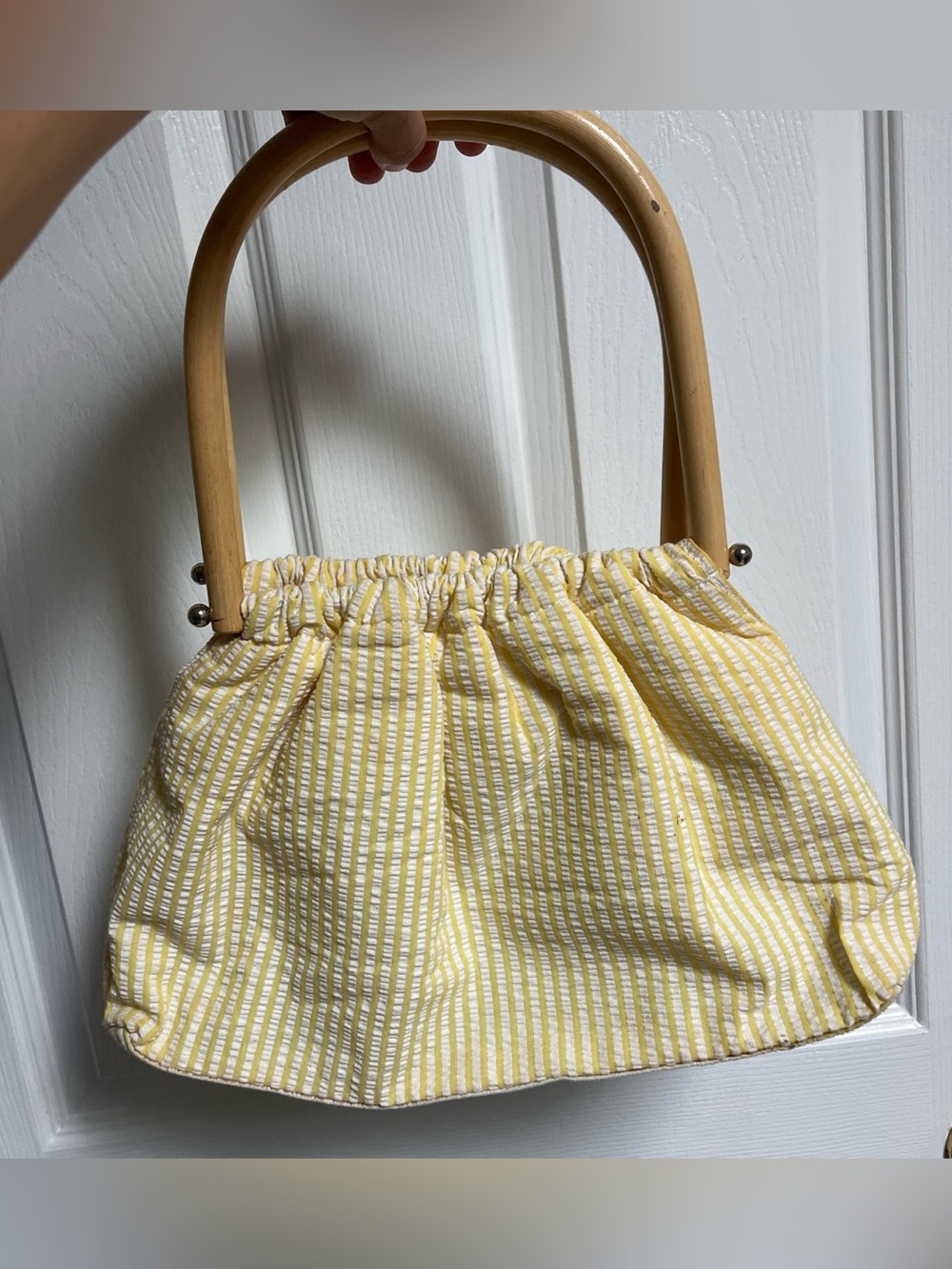 Yellow Striped Tote with Wooden Handles